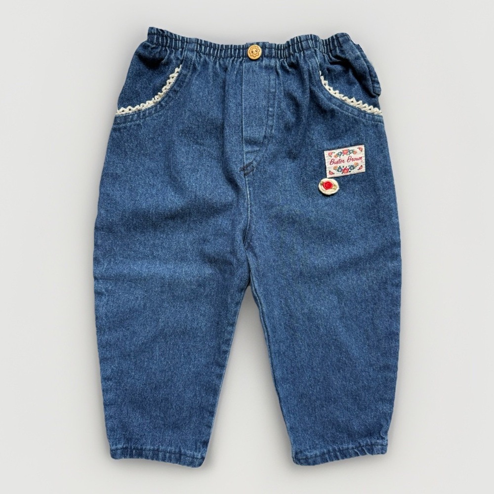 Vintage Buster Brown 24M Denim Pants USA Floral Patch Cottagecore Lace Trim